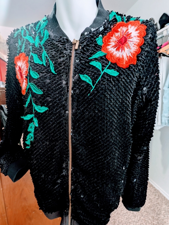 Gianni Bini Jackets & Blazers - Gianni Bini Black Bomber Jacket with Red Floral Embroidery